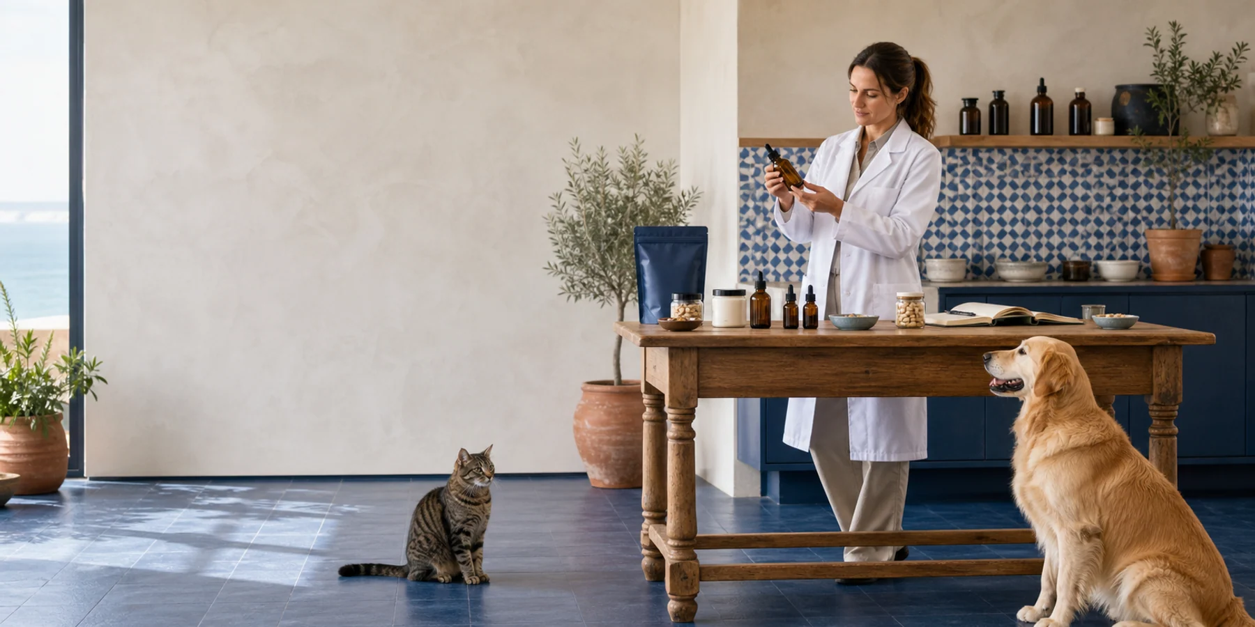 Especialista a preparar um conceito de suplemento para cães e gatos num atelier de formulação