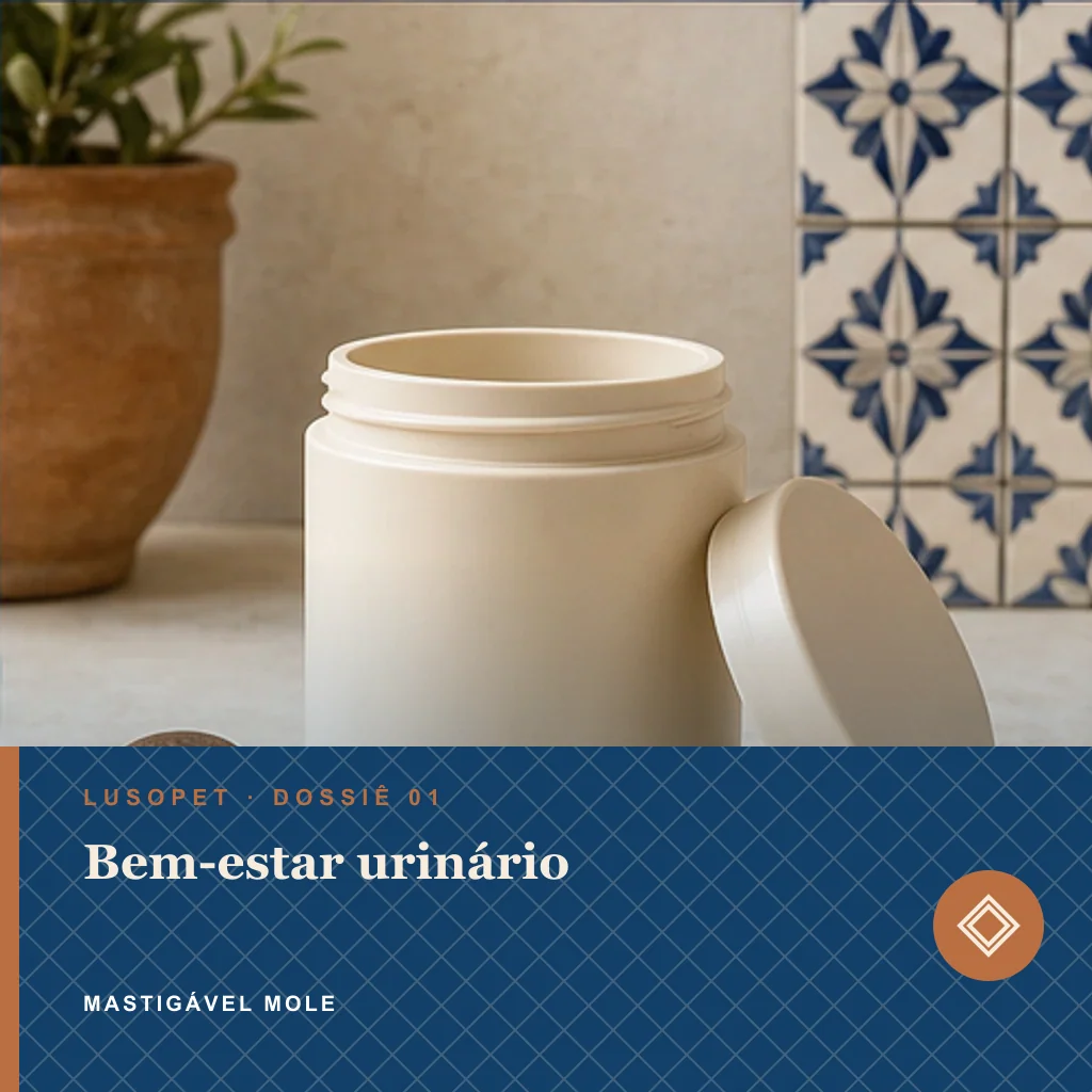 Bem-estar urinário em mastigável mole, conceito de suplemento para marca própria Lusopet