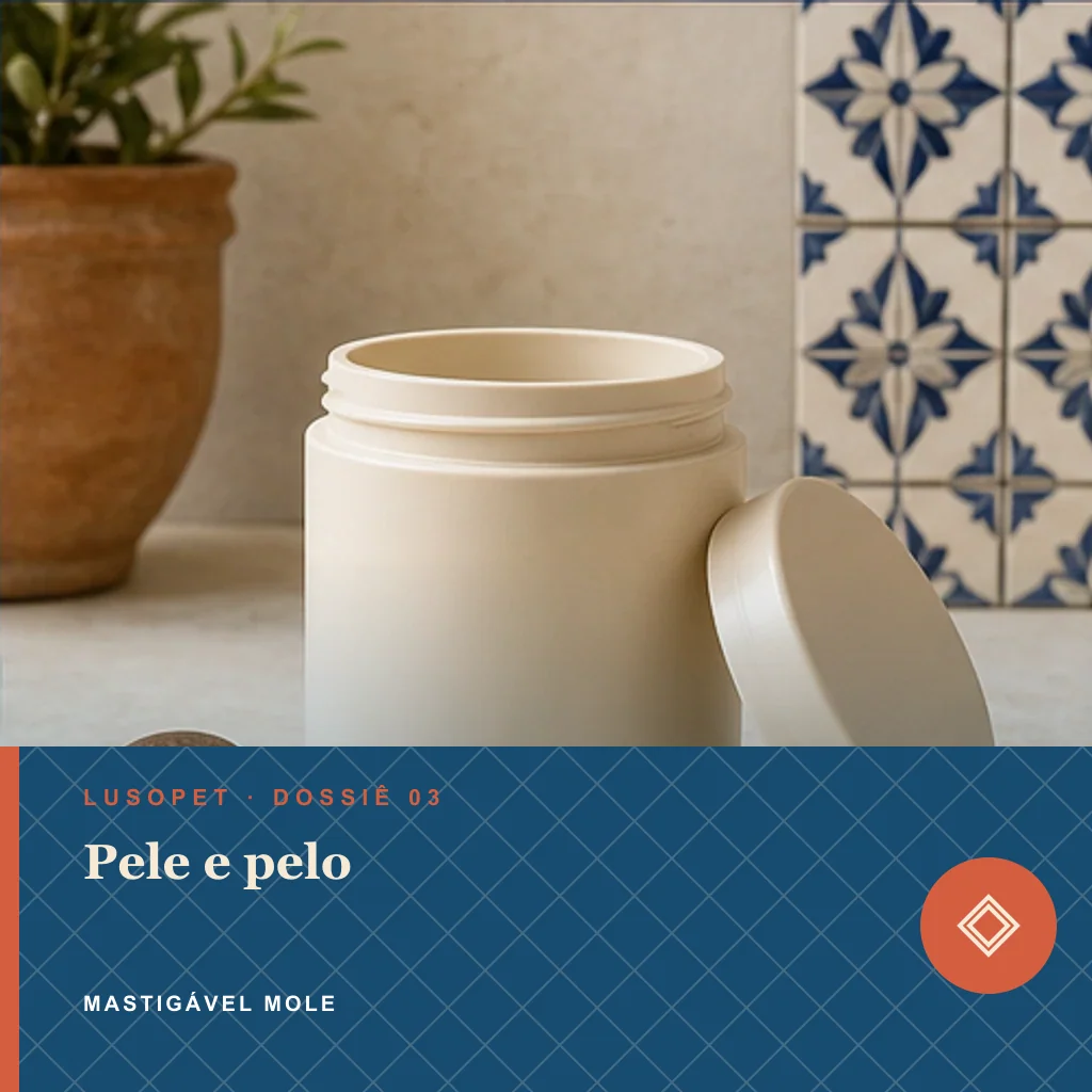 Pele e pelo em mastigável mole, conceito de suplemento para marca própria Lusopet