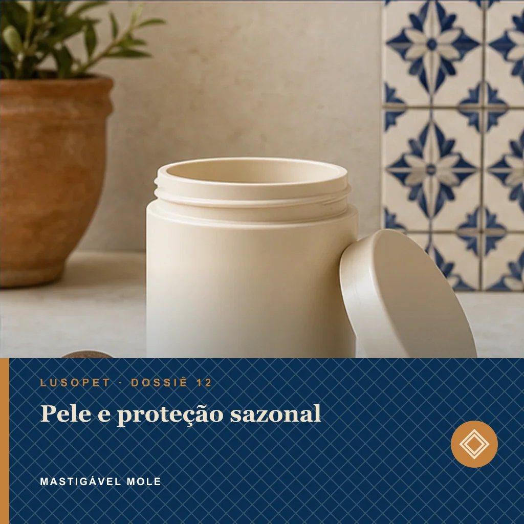 Pele e proteção sazonal em mastigável mole, conceito de suplemento para marca própria Lusopet