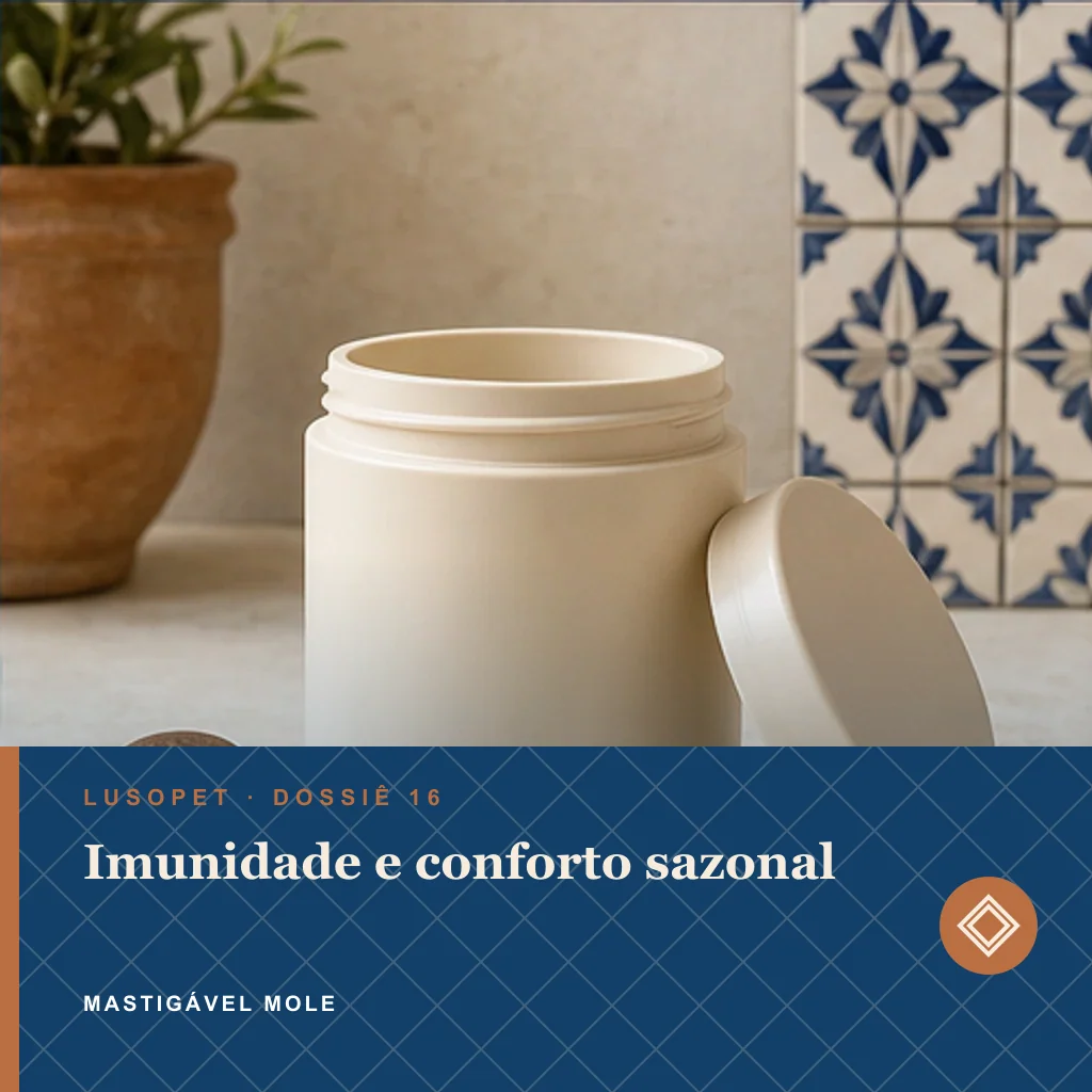 Imunidade e conforto sazonal em mastigável mole, conceito de suplemento para marca própria Lusopet