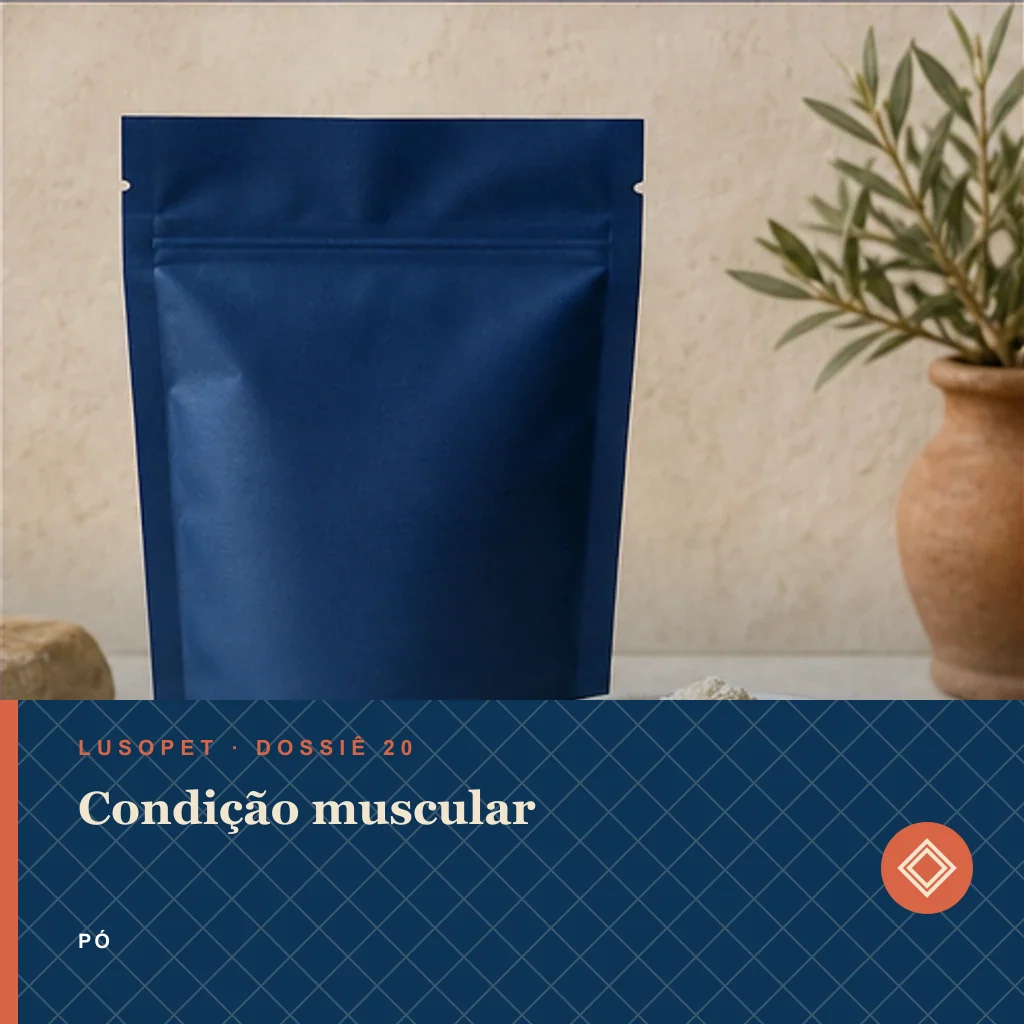 Condição muscular em pó, conceito de suplemento para marca própria Lusopet
