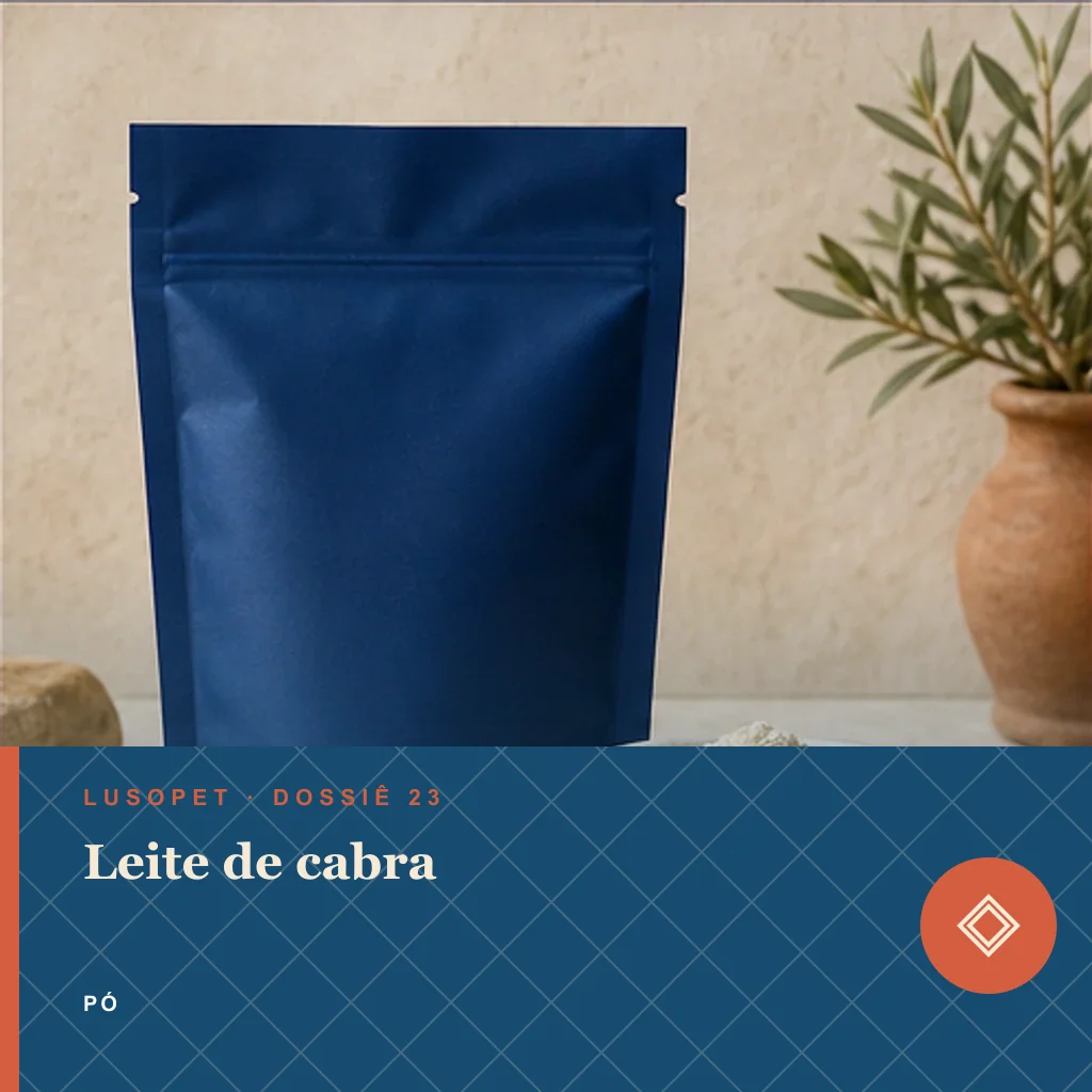 Leite de cabra em pó, conceito de suplemento para marca própria Lusopet