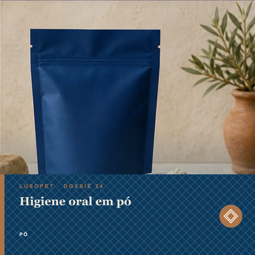 Higiene oral em pó em pó, conceito de suplemento para marca própria Lusopet