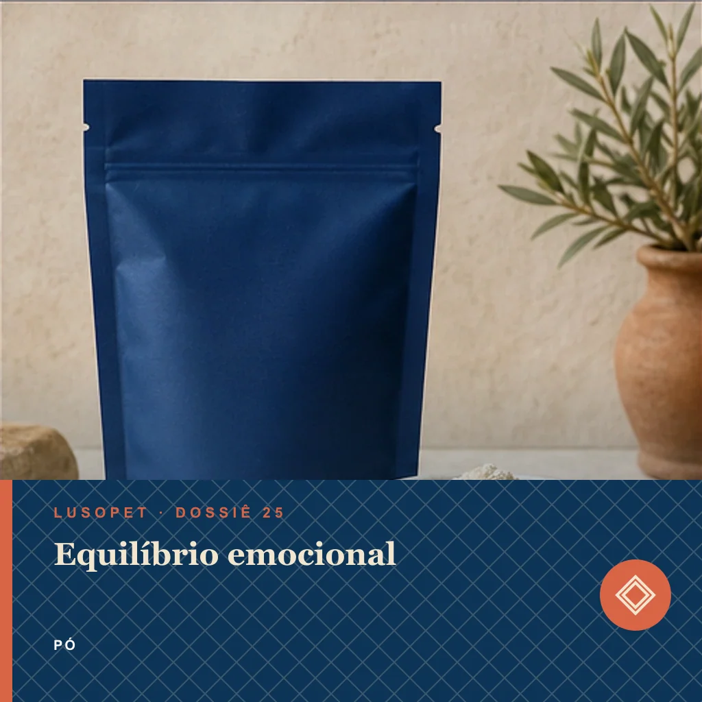 Equilíbrio emocional em pó, conceito de suplemento para marca própria Lusopet