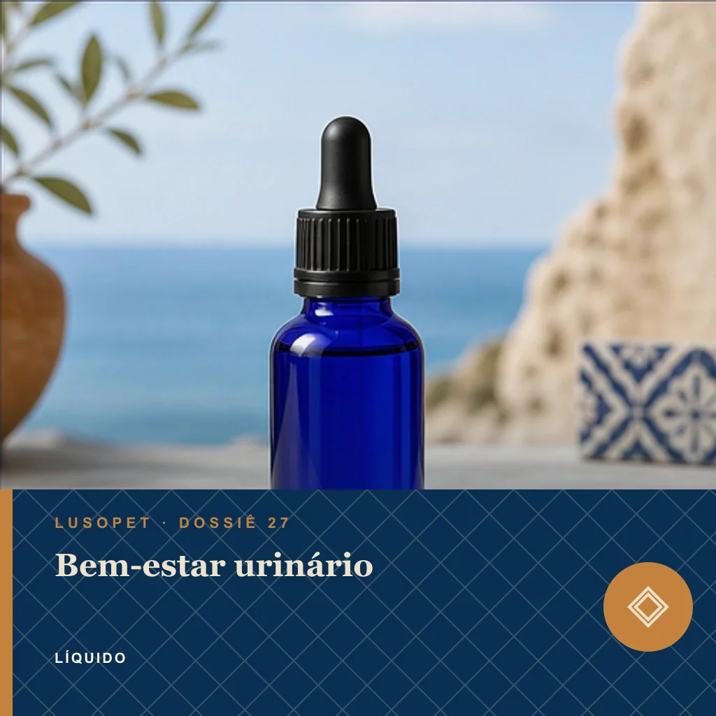 Bem-estar urinário em líquido, conceito de suplemento para marca própria Lusopet