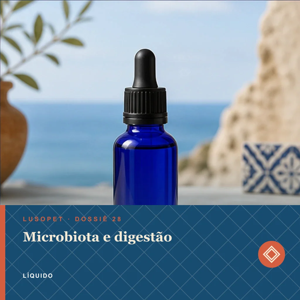 Microbiota e digestão em líquido, conceito de suplemento para marca própria Lusopet