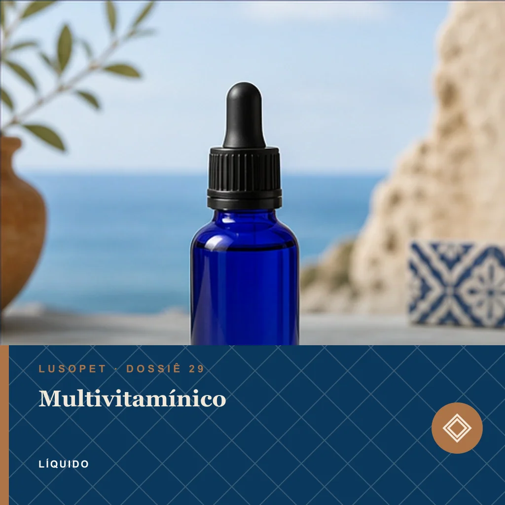 Multivitamínico em líquido, conceito de suplemento para marca própria Lusopet