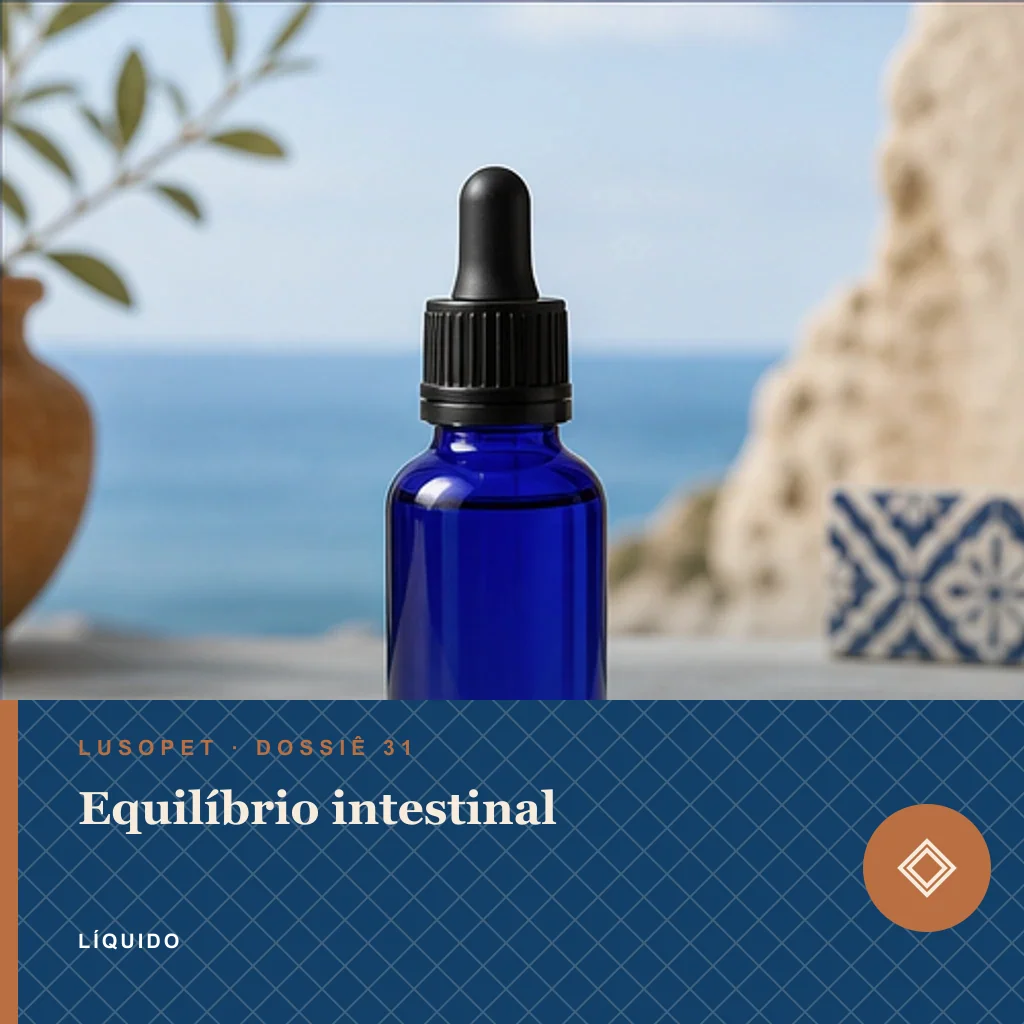 Equilíbrio intestinal em líquido, conceito de suplemento para marca própria Lusopet