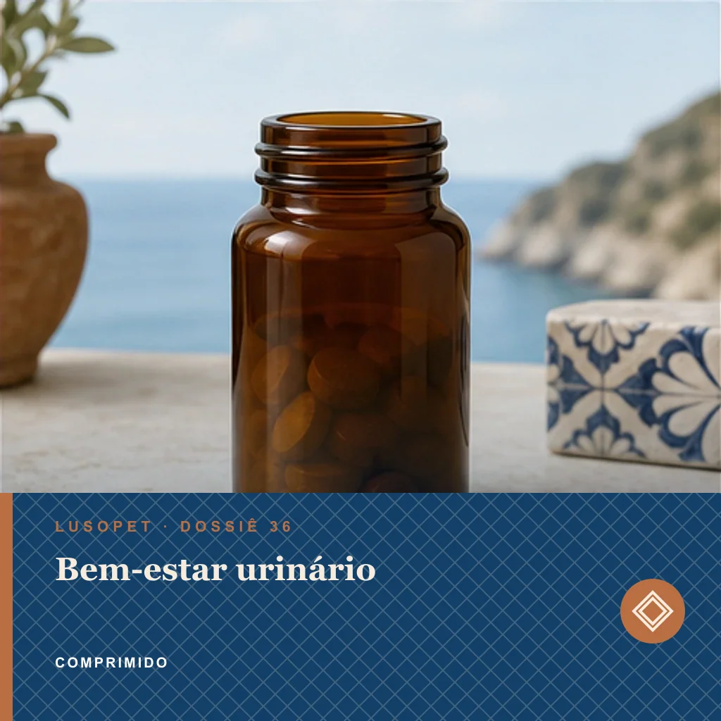 Bem-estar urinário em comprimido, conceito de suplemento para marca própria Lusopet
