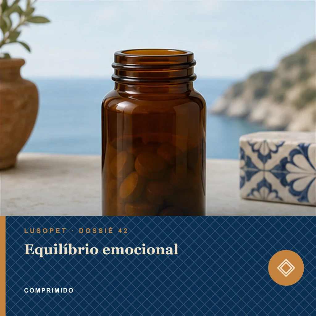 Equilíbrio emocional em comprimido, conceito de suplemento para marca própria Lusopet