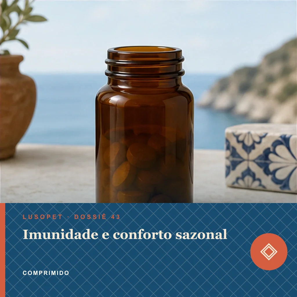 Imunidade e conforto sazonal em comprimido, conceito de suplemento para marca própria Lusopet